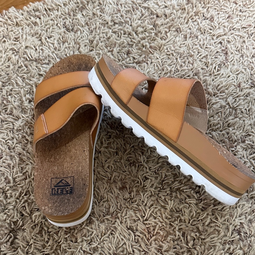 Reef Tan Leather Cork Platform Slide Sandals with White Lug Sole